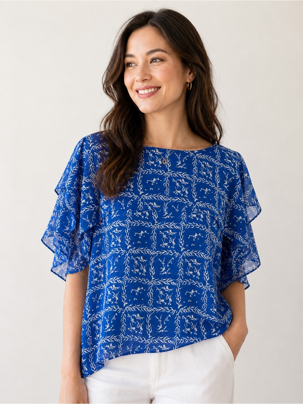 & Other Stories Blue Floral Print Ruffle Sleeve Blouse
